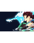 Tanjiro from Demon Slayer on a 40x20 inch desk pad, water dragon unleashed, vibrant colors on navy background.