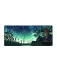 Anime girl mouse pad 28x12 inches with meteor night sky, trees, power towers, and distant ride track.