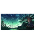32x16 inches anime girl mouse pad with teal night sky, meteors, trees, power towers, and distant ride track.