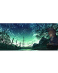 Teal nightscape anime girl desk pad 36x16 inches with meteors, trees, power towers, and ride track.
