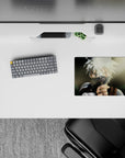 Anime mouse pad 14x10 inches in smoky greens with soft sunlight flare, gritty shading, and crisp white hair highlights.