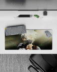 28x12 inches anime mouse pad in smoky greens and warm sun flare, hand-painted shadows and crisp highlights.