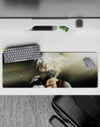32x12 inches anime desk mouse pad in smoky greens with soft sun flare and crisp white hair highlights.