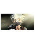 Anime mouse pad 32x16 inches with masked ninja swordsman, sun flare backdrop, hand-painted shadow detail.