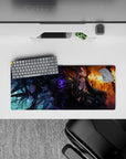 Purple-and-black anime girl mouse pad with molten orange sunset glow, dark glam mood, 28x12 inches.