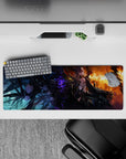 32x12 inches anime girl mouse pad in electric purples, smoky blacks, and molten sunset orange glow.