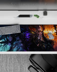 Purple-and-black anime desk pad 36x16 inches with fiery orange glow, edgy fallen-angel mood, dramatic vibe.