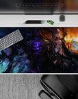 Dark glam anime desk pad 40x20 inches in electric purples, smoky blacks, and molten orange sunset glow.