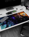 Fallen-angel anime girl with sly smirk on desk pad 40x20 inches, fiery spell-like backdrop and shards.