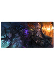 Anime girl mouse pad 32x16 inches with jagged wings, sharp armor, and molten sunset backdrop.