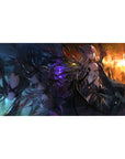 Anime girl desk pad 40x20 inches with jagged wings, sharp armor lines, and dramatic fantasy artwork.