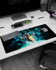 Artistic 36x16 inches desk pad with Super Saiyan Blue Gogeta, radiating power and energy in a stunning blue and black design for any Dragon Ball fan.