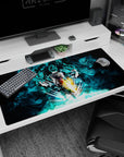 Large 40x20 inches desk pad featuring Super Saiyan Blue Gogeta, standing powerful and ready for battle, with vibrant blue and black energy.