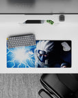 28x12 inches anime mouse pad in cold blues with electric white bolts, thunderous energy, smooth tracking.