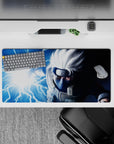 32x16 inches anime mouse pad in cold blue tones with electric white bolts, thunderous ninja vibe.