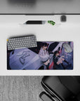 Moody purple street anime girl mouse pad 28x12 inches, black-and-white hoodies with red spark flecks.