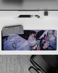 32x12 inches anime girl mouse pad in moody purple street tones with white/black hoodies and red spark flecks.