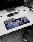 Two horned anime girls lounging on a sleek silver car mouse pad 28x12 inches, urban night scene.