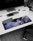 32x12 inches anime girl mouse pad featuring two horned girls lounging on a sleek silver car in neon city night.