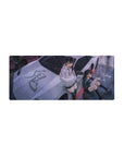 Anime girl mouse pad 28x12 inches with horned duo on silver supercar, bold kanji hood graphic.