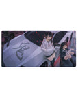 32x16 inches anime girl mouse pad with horned duo on silver supercar, kanji hood, purple city street.