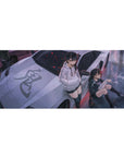 36x16 inches anime girl desk pad with horned duo on silver supercar, bold kanji hood graphic.