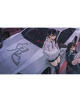Anime girl desk pad 40x20 inches with two horned girls on a silver supercar and bold kanji hood art.