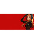 Anime girl desk pad 36x16 inches with headphones, orange hair, black suit, and bold red background.