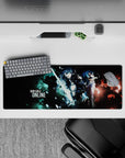 Neon cyan and smoky red battle aesthetic anime mouse pad 32x12 inches with teal lightning and glass flecks.