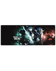 Gun Gale Online anime mouse pad 32x12 inches with two fighters back to back, glowing blade, tactical armor.