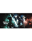 Gun Gale Online anime desk pad 36x16 inches with dual fighters, glowing blade, tactical armor, scarf coat.