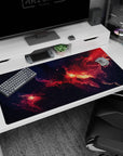 Midnight galaxy cloudscape desk pad 40x20 inches with stardust speckles and nebula streaks.
