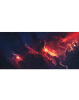 Midnight galaxy nebula desk pad 36x16 inches with speckled stars and swirling cosmic streaks.
