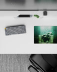Dreamy teal-green anime mouse pad 14x10 inches with soft mist light and calm sanctuary mood.