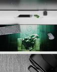 Misty teal and soft green glow anime desk pad 36x16 inches, calm dreamy sanctuary vibe for gaming.