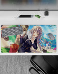 Sunny blue-green park anime girl mouse pad 32x16 inches, cozy cute vibe with crisp clean line art.