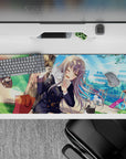 Sunny blue-green park anime desk pad 36x16 inches, cozy cute vibe with crisp lines and clutter.