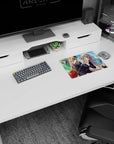 Winking silver-haired schoolgirl with sleepy cat on her shoulder in a park, anime mouse pad 14x10 inches.