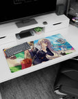 Winking silver-haired schoolgirl with sleepy cat in a bright park on an anime mouse pad 32x16 inches.