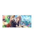 Anime girl mouse pad 28x12 inches with schoolgirl art, chibi cameos, and a cat on her shoulder.