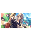 Anime girl mouse pad 32x16 inches with schoolgirl scene, chibi cameos, and a cat on her shoulder.