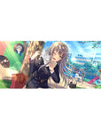 Anime girl desk pad 36x16 inches with silver-haired schoolgirl, chibi cameos, and cat on shoulder.