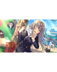 Anime girl desk pad 40x20 inches with silver-haired schoolgirl, winking, cat on shoulder, chibi cameos.