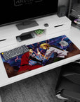 36x16 inches anime desk pad of Edward Elric in red coat slamming automail arm into a blond swordsman’s blade.
