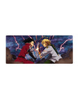 28x12 inches anime mouse pad with Edward Elric vs swordsman clash, sparks, rubble, and stormy sky.