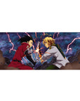 36x16 inches anime desk pad with Fullmetal Alchemist duel, lightning clash, sparks, and floating rubble.