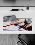 28x12 inches anime girl mouse pad in glossy red and deep black, fierce high-energy action mood with orange accents.