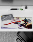 32x12 inches anime girl mouse pad in glossy red, black, and orange, fierce high-energy action vibe.