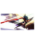 32x16 inches anime girl mouse pad with dynamic sword lunge, motion lines, stormy brushstroke background.
