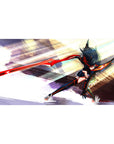 Anime girl desk pad 40x20 inches with dynamic sword lunge, motion lines, and stormy brushstroke background.